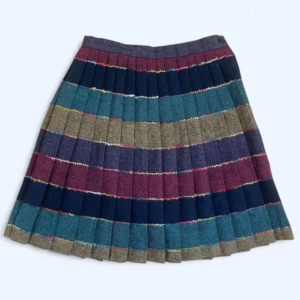 Vintage 1980s Wool Tweed Pleated Rainbow Striped Mini Skirt